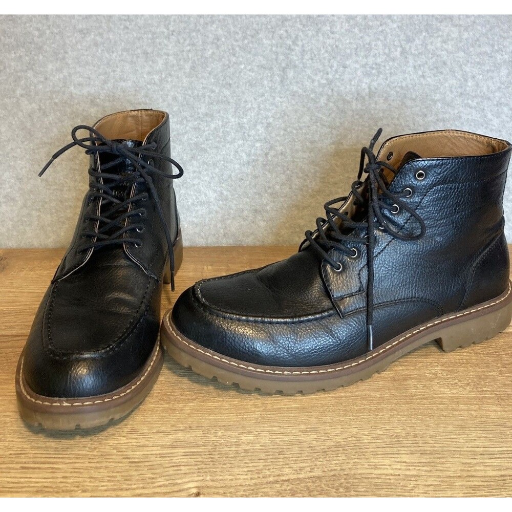 Madden Men’s sz 8 Black Combat Boot He Sone Style Faux Leather Brown Lug Sole